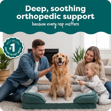 Крісло-лежанка для собак великих порід Furhaven з піною з пам'яті, знімний та пральний чохол, до 81,6 кг, ультра-м'яке штучне хутро та велюр, контурний матрац, XXXL (102 x 71 x 24 см, Celadon Green)