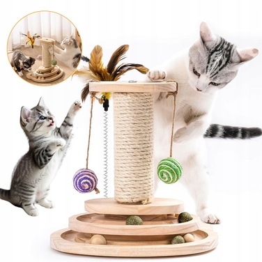 Інтерактивна дерев'яна іграшка-драбалка для котів з м'ячиком