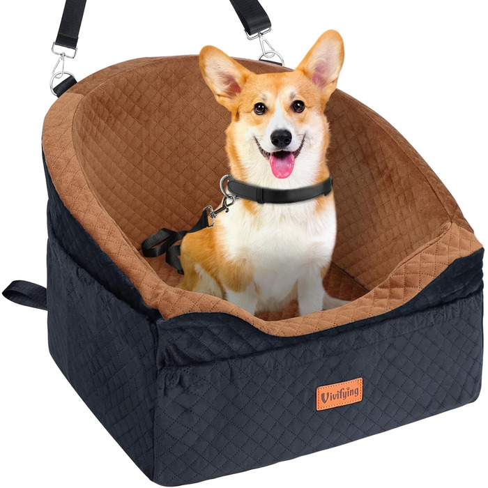 Автокрісло для собак Vivifying: підходить для малих та середніх порід (до 13,6 кг), з підйомником, кишеньками та ременем безпеки, коричнево-чорне