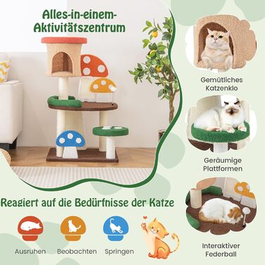 Дерев'яний кігтечка для котів COSTWAY з печериною, сизалевим покриттям та іграшкою, 59x48x102 см, кольоровий