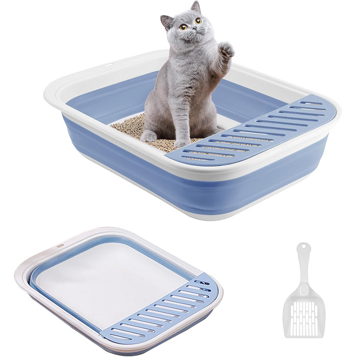 Складаний плоский туалет для котів з совком, 45×34×12,5 см, низький з бортиком, дорожній туалет для котів, синій