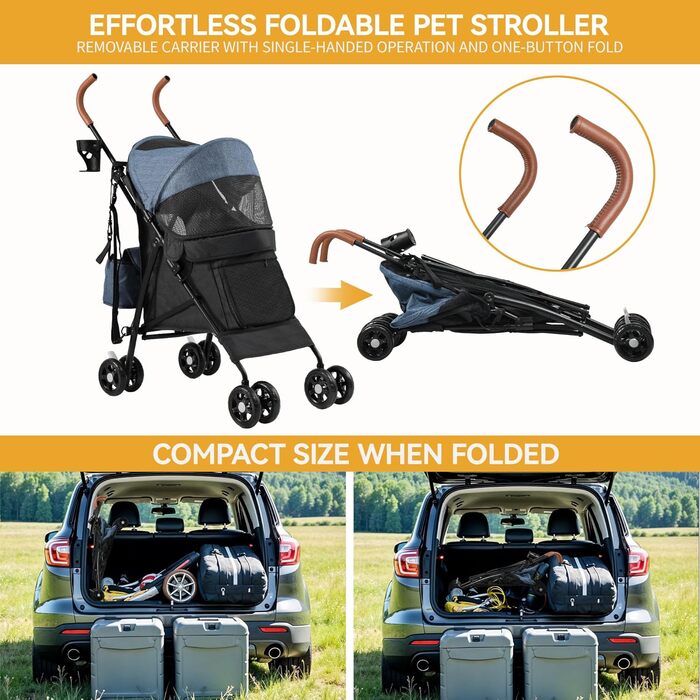 Візок для собак та котів DWVO, 11.3 кг, складаний, з подушкою та кошиком для зберігання, блакитно-чорний (45x80x103 см)