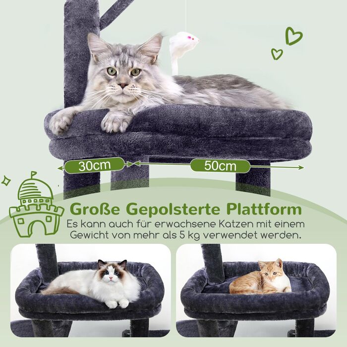 Дерево для котів Globlazer з міцною основою, 2 будиночки, поворотний на 90°, платформа з м'яким покриттям, когтеточка з сизалю, іграшки для котів, велике дерево для котів, дорослих котів та кошенят (XL, темно-сірий)