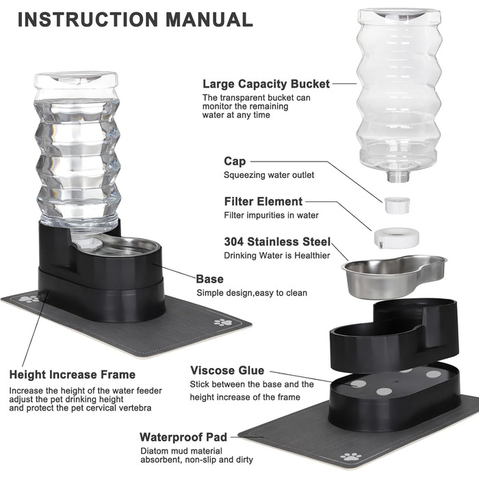 Автоматичний поїльник для тварин Sfozstra, нержавіюча сталь, водонепроникний піддон, підвищений край, для котів та собак (з залізом, 9л)