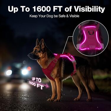 Світловідбиваючий нашийник для собак великих порід Feycig з LED підсвічуванням, акумуляторний, регульований, 3 режими світла, висока видимість (Рожевий, Medium)