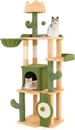 Драбина для котів COSTWAY Kaktus, 160 см, з будиночком, платформами, сизалевими стовпчиками, кошиком, дряпалкою та іграшками. Зелено-помаранчевий котячий комплекс