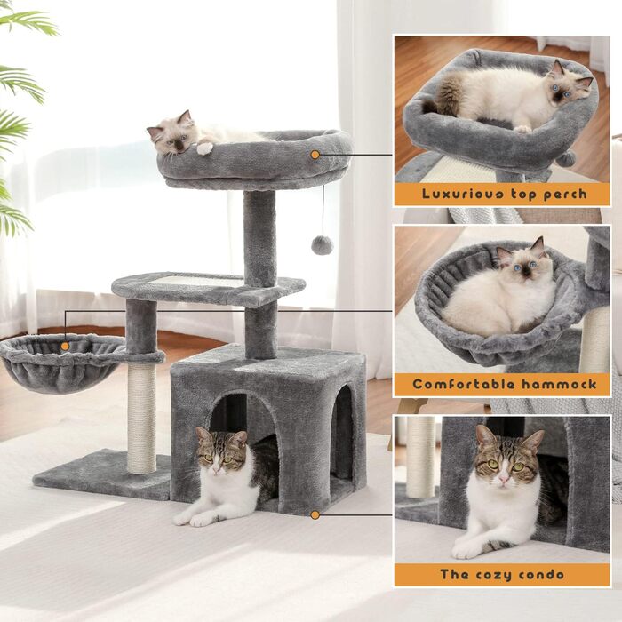 PAWZ Road Когтеточка для маленьких котів, м'який плюшевий котячий будиночок з глибоким гамаком і стовпчиком із сизалю для кошенят