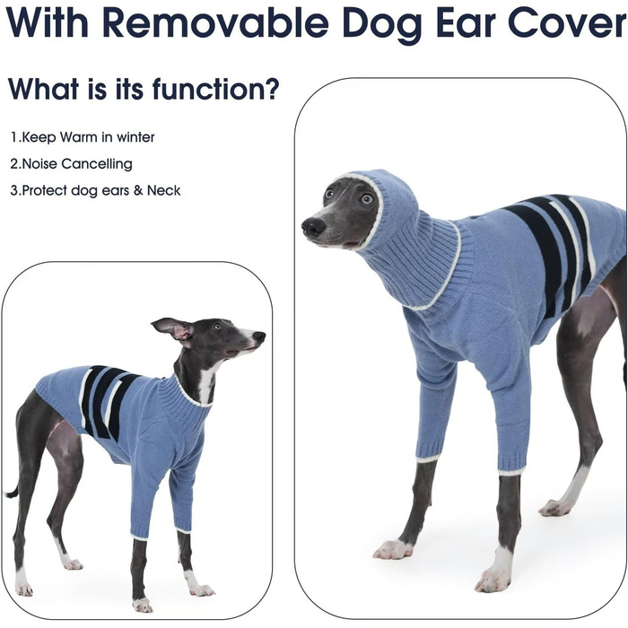 Пуловер IECOii для собак з навушниками, теплий зимовий костюм для грейхаундів, курчаків, віппетів, блакитний, розмір M