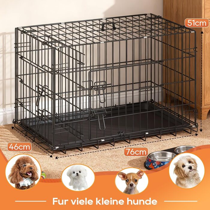 Клітка для собак BestOffice, складана, з 2 дверцятами, висувний піддон, ручка, переноска для собак, 61x42x48 см, S, чорна