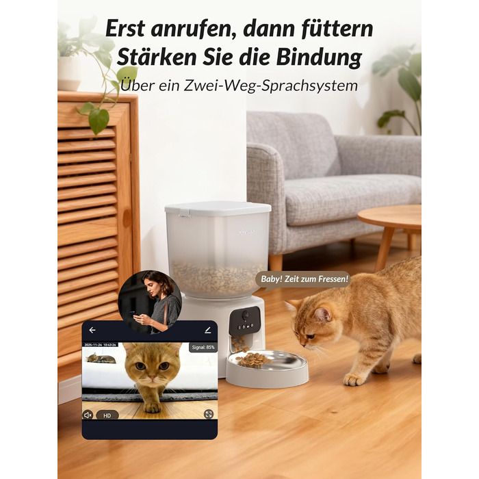 Автомат годування котів з камерою, розумний автомат для котів, 5л, 1–6 прийомів їжі для котів та тварин середніх розмірів з відео