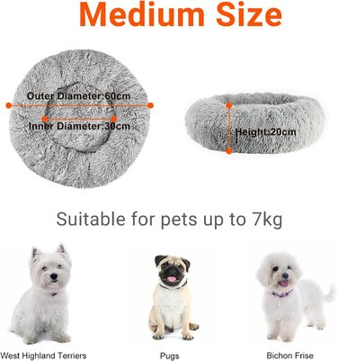 Кругле ліжко для собак OKPOW Donut: м'яке, затишне, антистрес для маленьких собак та котів, Ø60 см, світло-сірий