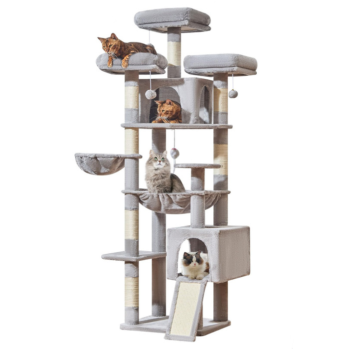 Кігтеточка Taoqimiao 193 см, велика, XXL, з будиночками, гамаком, кошиком та 7 стовпчиками для дряпання, MS047G, сірий колір