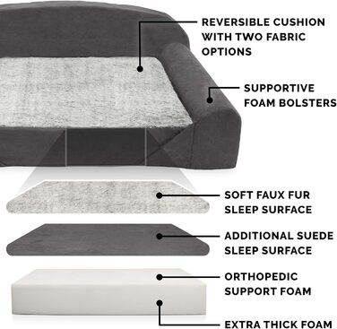 Ортопедичне собаче ліжко Furhaven для великих та середніх собак знімний, пральний чохол та двостороннє пінополіуретанове подушка, для собак до 34 кг – Luxury Edition з штучного хутра та замші – L 86 x B 107 x H 33 см, сірий колір (Luxury Edition з штучног