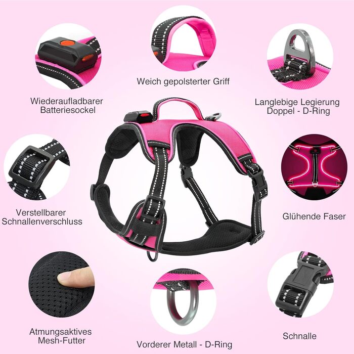 Світлодіодна шлейка для собак з LED-підсвічуванням, перезаряджувана, RGB, для маленьких, середніх та великих собак (Рожева, XL)