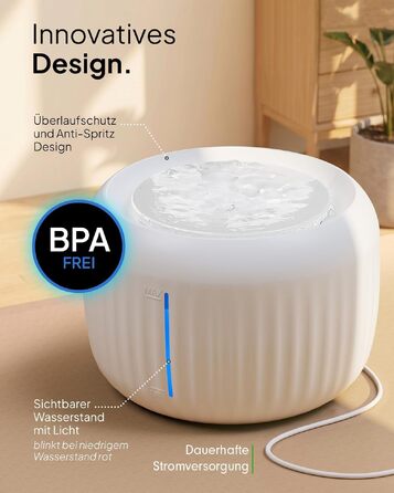 Фонтан-питилка для котів Pretty Paw з безшумним насосом, LED-підсвіткою та вугільним фільтром, 2.5 л, білий