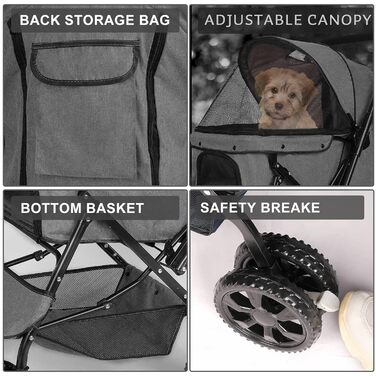 Візок для собак Wedyvko до 20 кг, 4 колеса, складний, для маленьких та середніх собак та котів, з кошиком для зберігання та тримачем для напоїв, зелений (A-темно-сірий)