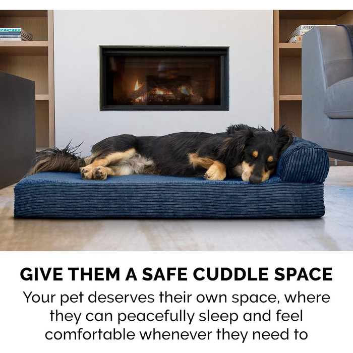 Ортопедичне ліжко для собак Furhaven Jumbo Plus/XXL: велике, з підголовником та знімним чохлом, до 56,7 кг, фліс та корд, Marineblau (135x107x24 см)