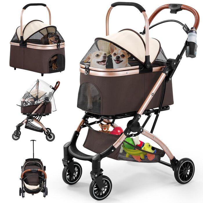 Візок для котів та собак Gimars 20кг, 4-в-1, складання, поворот 360°, гумові колеса, гальмо, захист від дощу, регульована ручка, хакі