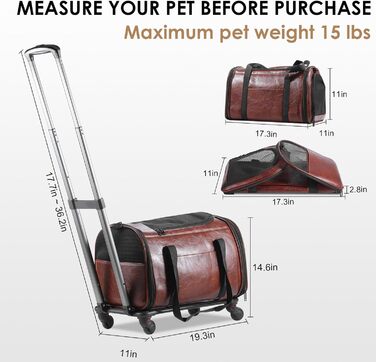 Сумка-переноска для тварин з екошкіри на колесах, для собак та котів до 6,8 кг, схвалена авіакомпаніями, для подорожей, кемпінгу та кав'ярень