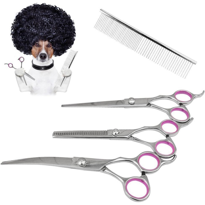 Набір професійних ножиць для грумінгу собак Novatech (4 шт.) з гребінцем: ножиці для стрижки, фінішні та вигнуті