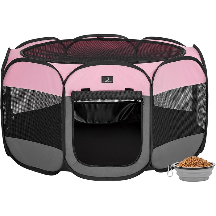 Клітка-вольєр для собак великих порід на 4 собак, портативна з водонепроникним дном та блискавкою, для дому та вулиці, з мискою, темно-сіра та рожева (M з мискою, темно-сіра + рожева)