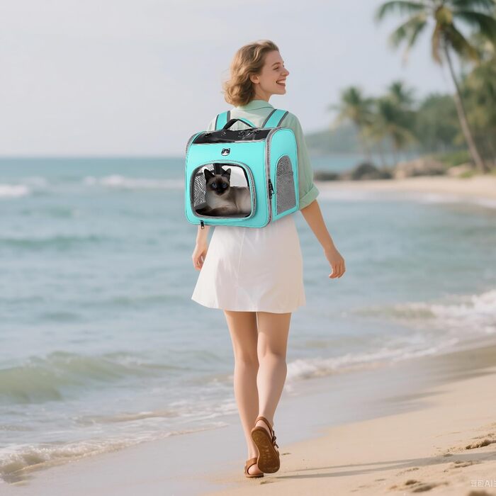 Рюкзак для котів та маленьких собак ALLSOPETS, дихаючий, з фронтальною відкриванням та страхувальним ремінцем, для подорожей, походів та прогулянок (М'ятно-зелений)