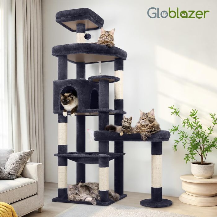 Комплекс для котів Globlazer Kratzbaum 165 см для великих котів, темно-сірий: будиночок, платформа, лежак, стовпчики