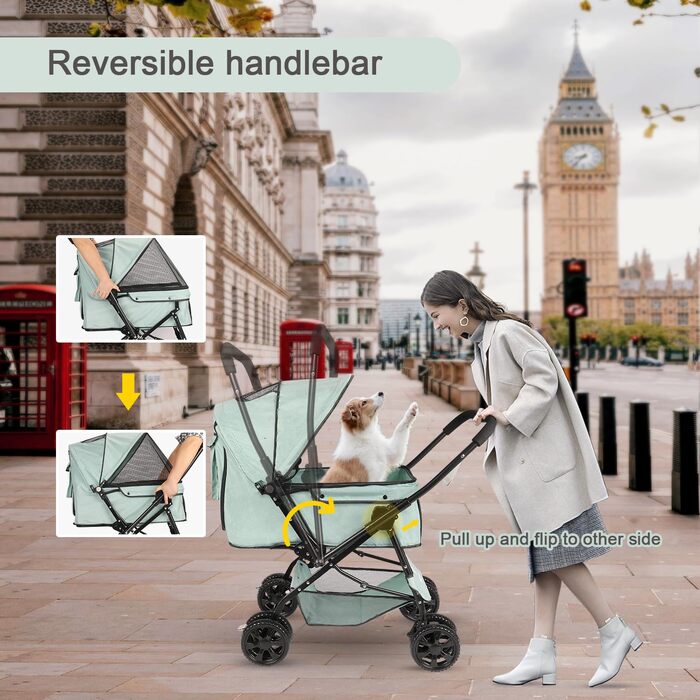 Візок для собак Wedyvko до 20 кг, 4 колеса, складний, для маленьких та середніх собак/кішок, з кошиком для зберігання та тримачем для напоїв, зелений