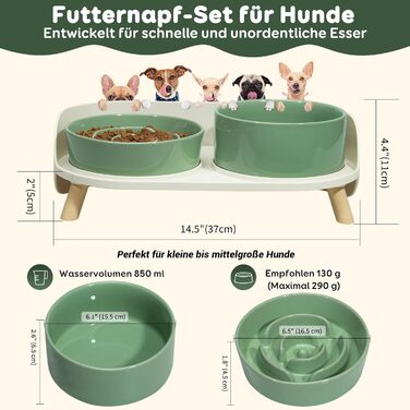 Набір мисок для собак з кераміки, піднятий на платформі - миски для повільного годування, набір з двох мисок для маленьких та середніх собак, годівниця та миска для води з неслизьким підставкою, середньо-зелений колір