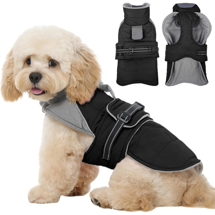 Водонепроникний та вітронепроникний зимовий одяг для собак середніх порід Kuoser, тепла куртка для собак з еластичним коміром, світловідбиваючий зимовий одяг для собак, чорна зимова куртка M