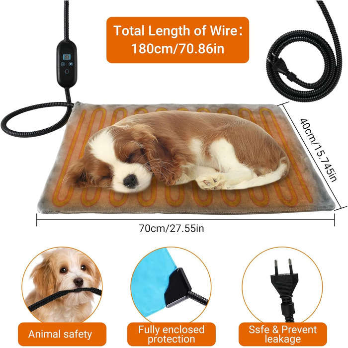 Електричний килимок для собак великих порід, 70x40 см, регульована температура, з антигризункою