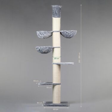 Дряпка для великих котів RHRQuality Maine Coon Tower Plus, до 295 см, 20 см сисалеві стовпи, світло-сіра