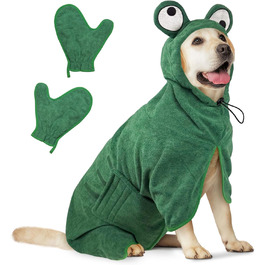 Рушник для собак JOLOV E Dog, супер вбираючий, для сушіння після купання, м'який, з регульованою застібкою, для лазні, плавання, прогулянок у дощ, розмір L, колір зелений, зображення жаби