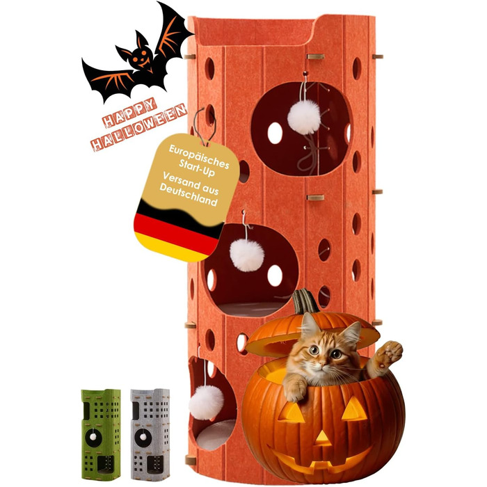 Сучасний котячий комплекс з 4 ярусами та 3 будиночками для котів, фетр, стійка альтернатива котячого будиночка з іграшкою, тихий та компактний (90 см) (Оранжевий, 35 x 35 x 90 см)