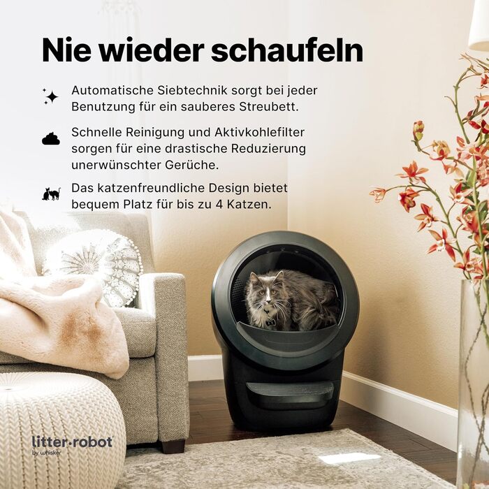 Автоматичний туалет для котів Litter-Robot 4 Whisker, чорний, самочищення, зменшує запахи, для будь-якого грудкуватого наповнювача