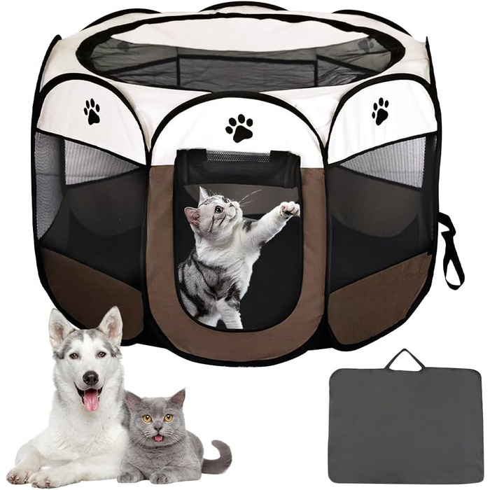 Кія: Переносний вольєр для цуценят та тварин 74x74x43 см, вольєр для собак, котів, кроликів (колір: коричневий)