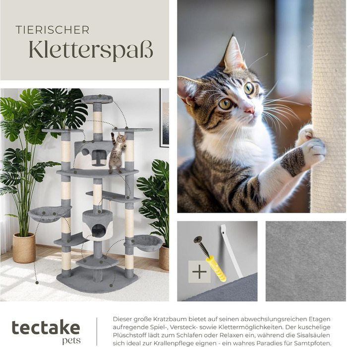 Великий котячий дряпак tectake® XXL з іграшками та аксесуарами, два будиночки для котів, ігрова вежа з сисалевими стовпами, сірий/білий