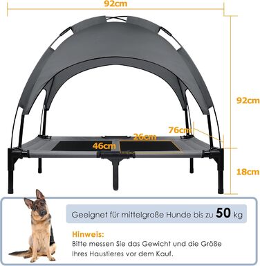 Підвищене ліжко для собак UISEBER 92x76x92 см, Outdoor, з дахом, до 50 кг, вологостійке, сіре + чорне【L】
