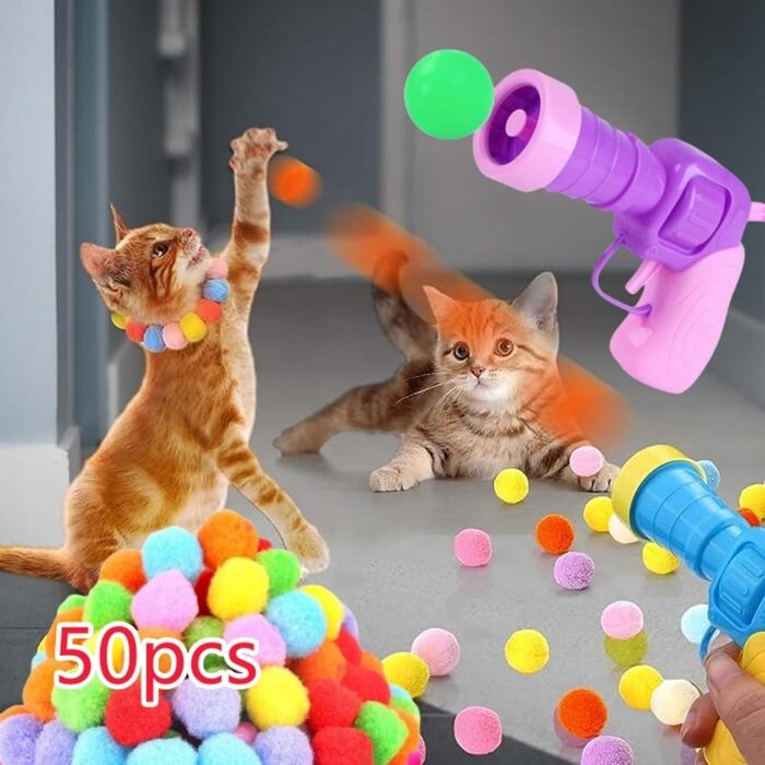 Іграшкові м'ячики для котів, 50 шт, 3,1 см, м'які різнокольорові інтерактивні м'ячі з 2 запускаторами, для активних домашніх котів