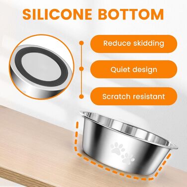 PETTOM Миски для собак з нержавіючої сталі, 2 шт. (3120 мл), миски для корму для собак великих, середніх та маленьких порід, миски для води для собак, антиковзкий силіконовий низ, розмір M - 21 см, сріблясті