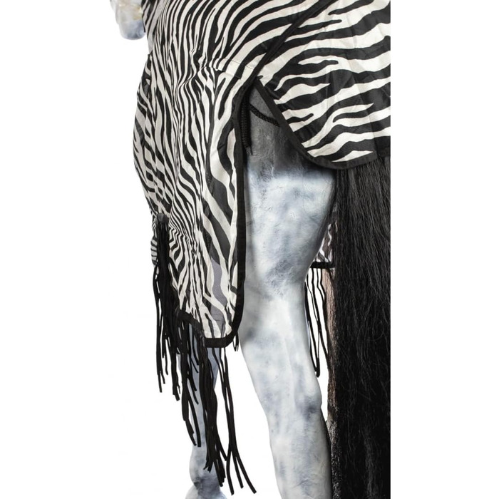 Деки для коней Marengos Zebra з бахромою, 155 см: захист від комах, з вирізом для сідла та начолею, чорно-білий колір, зовнішня деки для коней