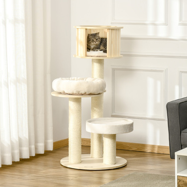 PawHut Cat Tree with Cat Cave висотою 122см, три рівня, дерево, стовбури з сизалю, ігрові м'ячі для активних котів