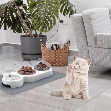 Набір мисок для котів та собак 2 в 1 з диспенсером для води, ковзаючою підкладкою та лопаткою. Нахил 15°, миски для сухого та вологого корму, білий колір