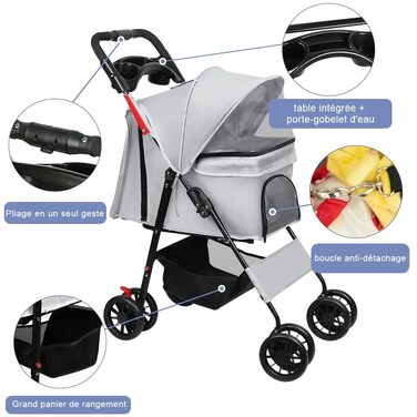 Дитяча коляска для собак та котів Homewell, складана, до 20 кг, з сумкою та підсклянником (сіра)