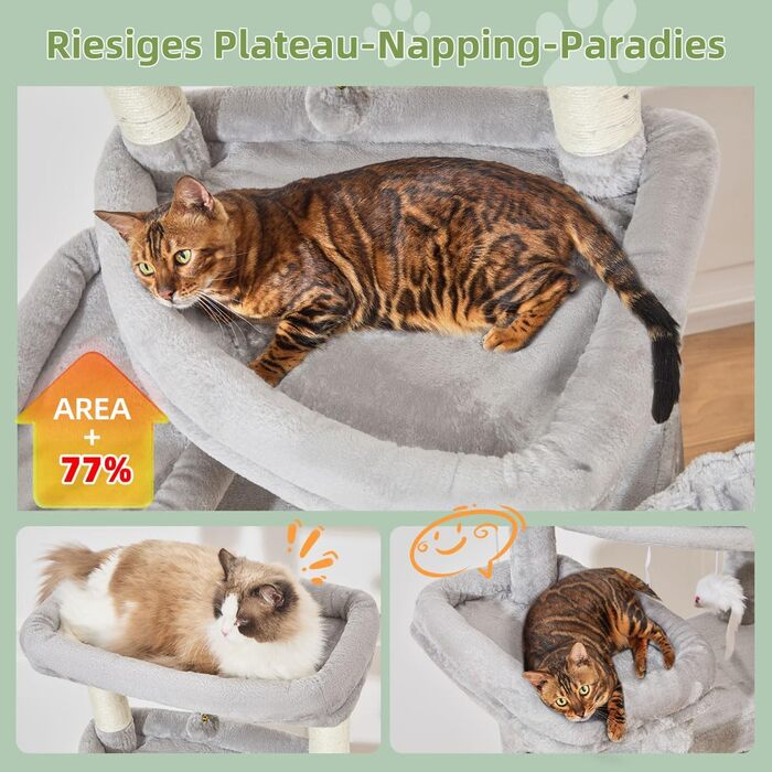 Когтеточка для котів Taoqimiao 180 см XXL, великий котячий комплекс для Maine Coon з будиночком, гамаком, платформами та 9 стійками (світло-сірий)