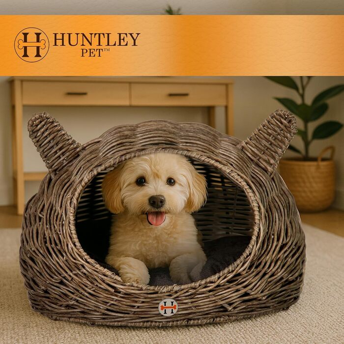 Будинок-ліжко для кота та собаки Huntley Pet Rattan з ротангового плетіння з подушкою