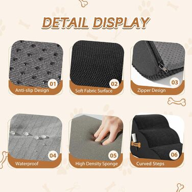 Сходинка для собак та котів ROMROL 3 сходинки - чорна, з неслизьким покриттям, з memory foam, для дому