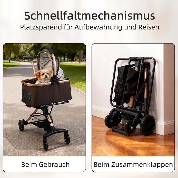 Візок для собак 3 в 1, складаний, для маленьких собак та котів, знімний кошик, візок-стільчик для дітей, сітка, оксфордська тканина, до 20 кг (Темно-зелений) (Кавово-коричневий)