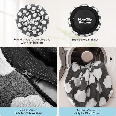 Кругле ліжко для собак JOEJOY Donut, сіре, велике (36x36x10 см), ортопедичне, знімний чохол, антиковзаюча основа