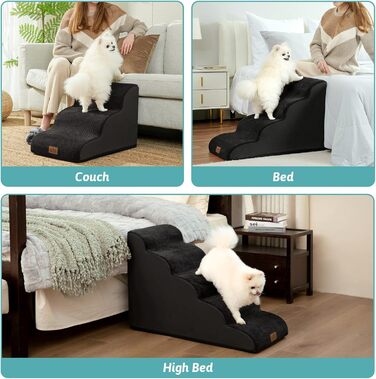 Сходинки для собак маленьких порід 50 см, сходи для тварин на ліжко з високощільним губчастим матеріалом, сходинки для собак з пральною наволочкою та неслизьким дном, 40x72x50 см, 4 сходинки (Чорний, 5 сходинок (40x84x57 см))